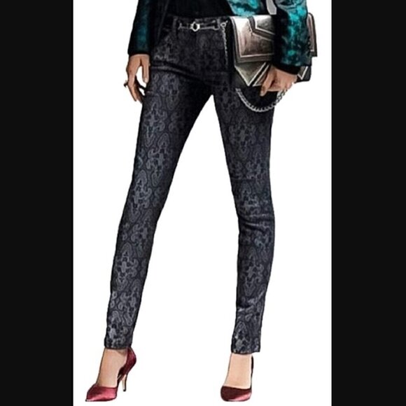 Current/Elliott Revolve Ankle Skinny Jean 26 Black Antique Lace Denim Printed - Picture 7 of 14